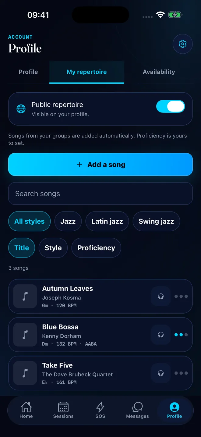 Personal repertoire with titles, keys and tempos