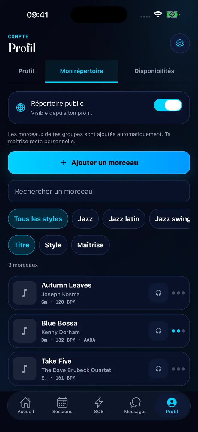 Répertoire personnel avec titres, tonalités et tempos