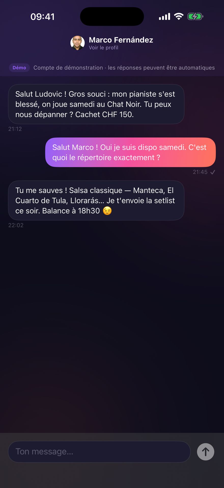Conversation Dispo entre musiciens pour organiser une répétition.