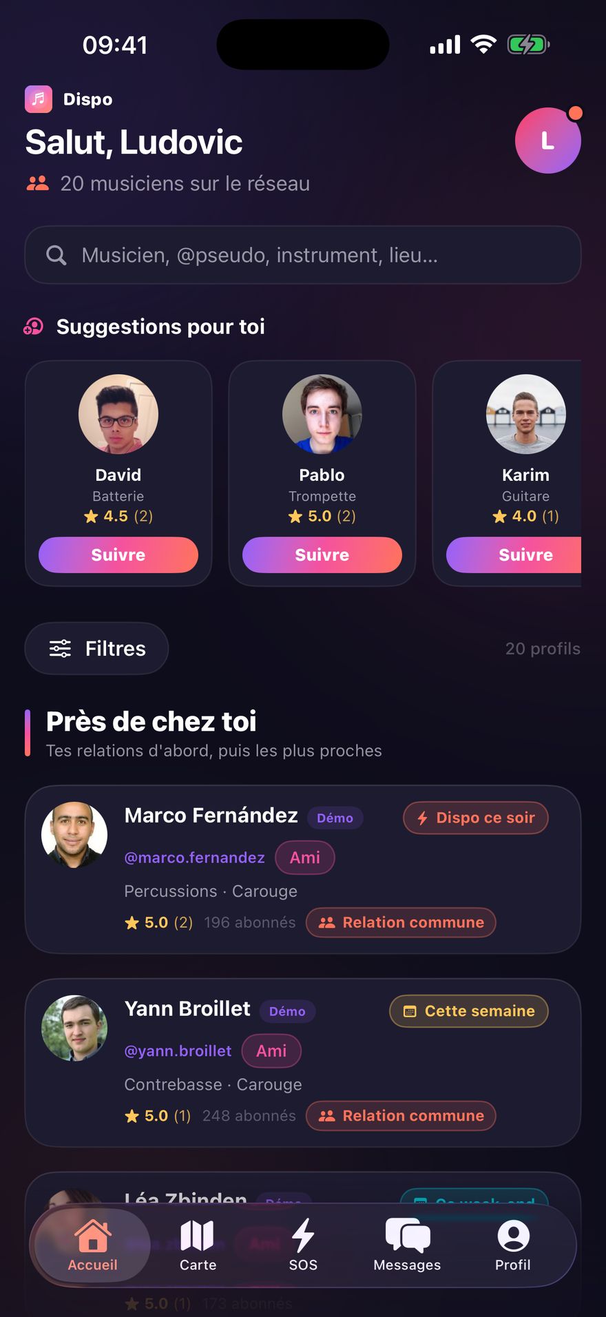 Écran d’accueil de Dispo : musiciens disponibles ce soir à Genève, recherche et suggestions.