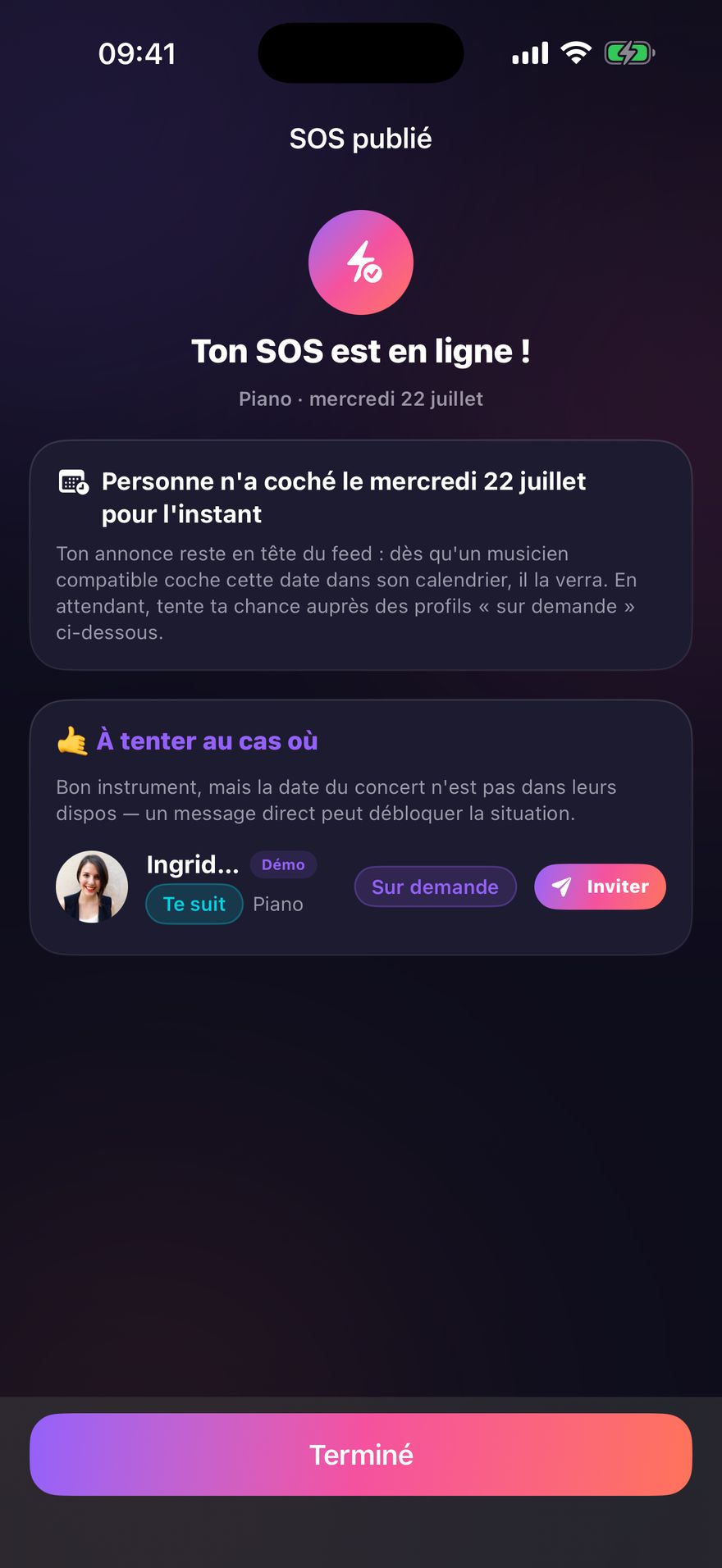 Écran de matching : musiciens compatibles avec un SOS et bouton Inviter.