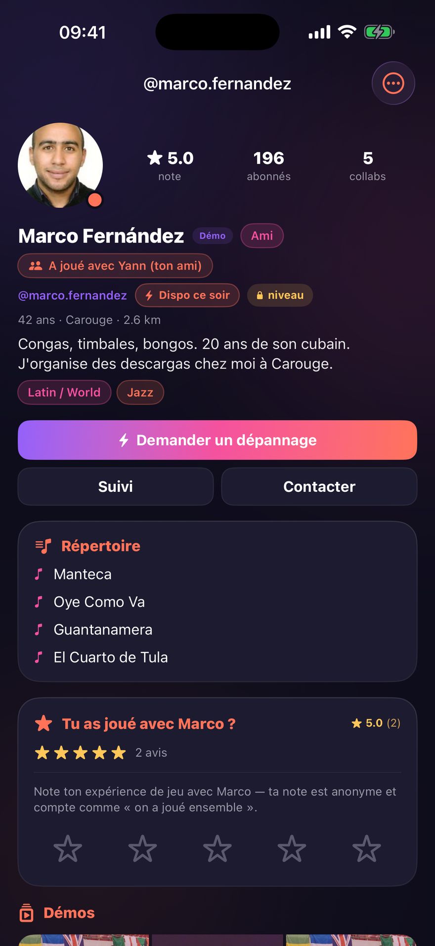 Profil d’un contrebassiste dans Dispo : stats, répertoire et collaborations.